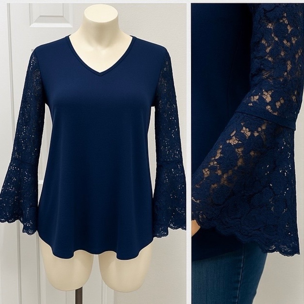 Susan Graver Lace Bell Sleeve Blouse Top V-Neck Flowy Boho Romantic Chic Blue XL - Picture 2 of 11